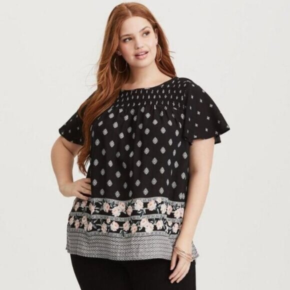 TORRID Border Print Smocked Challis Blouse Boho Sz 2X | 2 - Picture 1 of 11